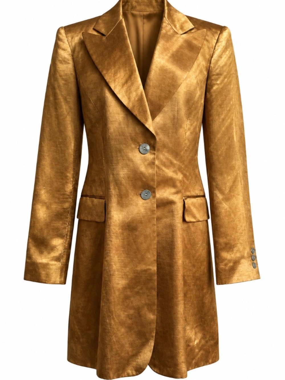 DKNY Gold Linen Silk Long Blazer Jacket Size 10 | Metallic Tailored Blazer